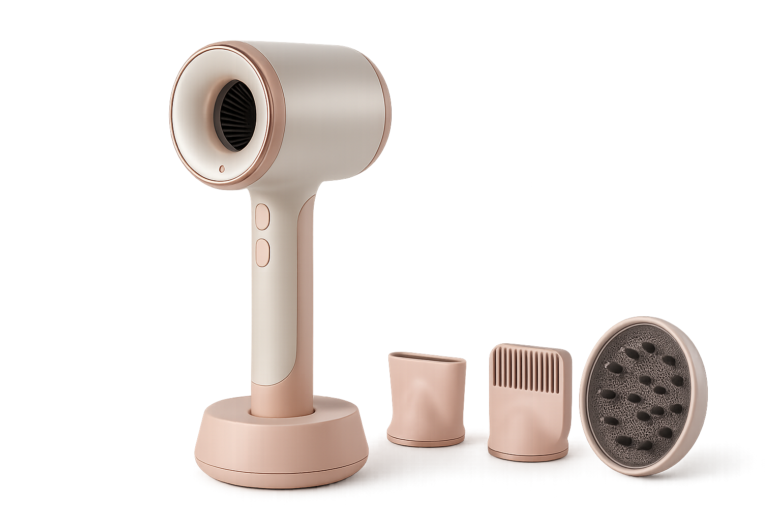 Halo One cordless smart hair dryer in Pearl Blush with charging dock and three magnetic attachments arranged beside it