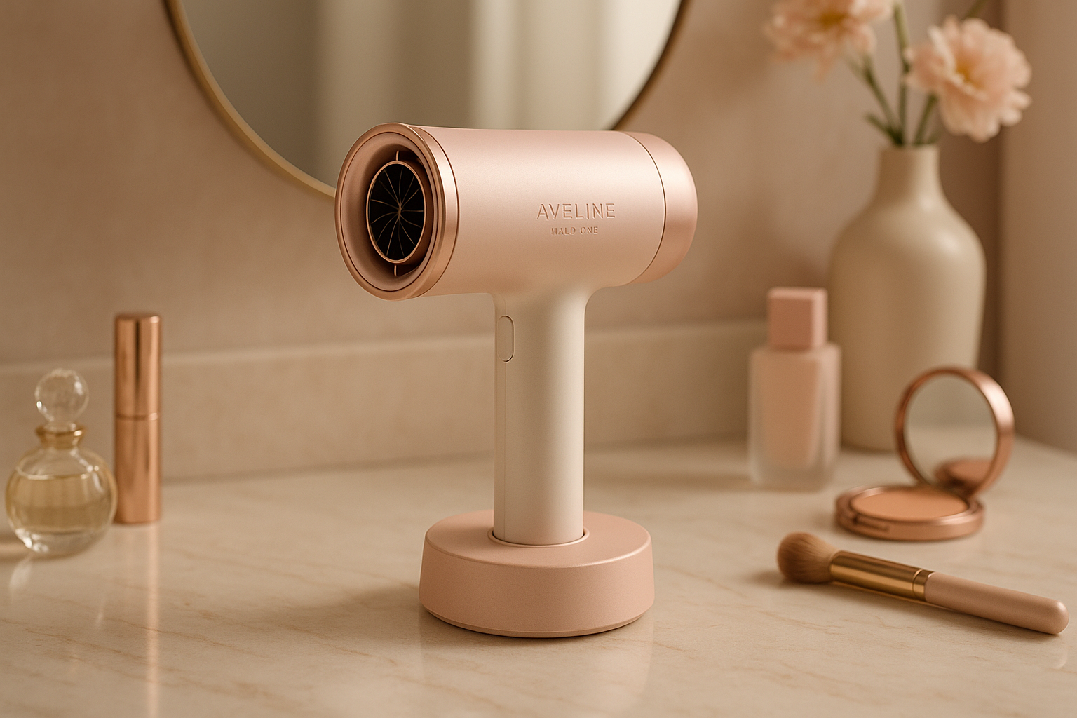 Halo One cordless dryer styled on an elegant vanity with premium beauty accessories and a softly lit mirror