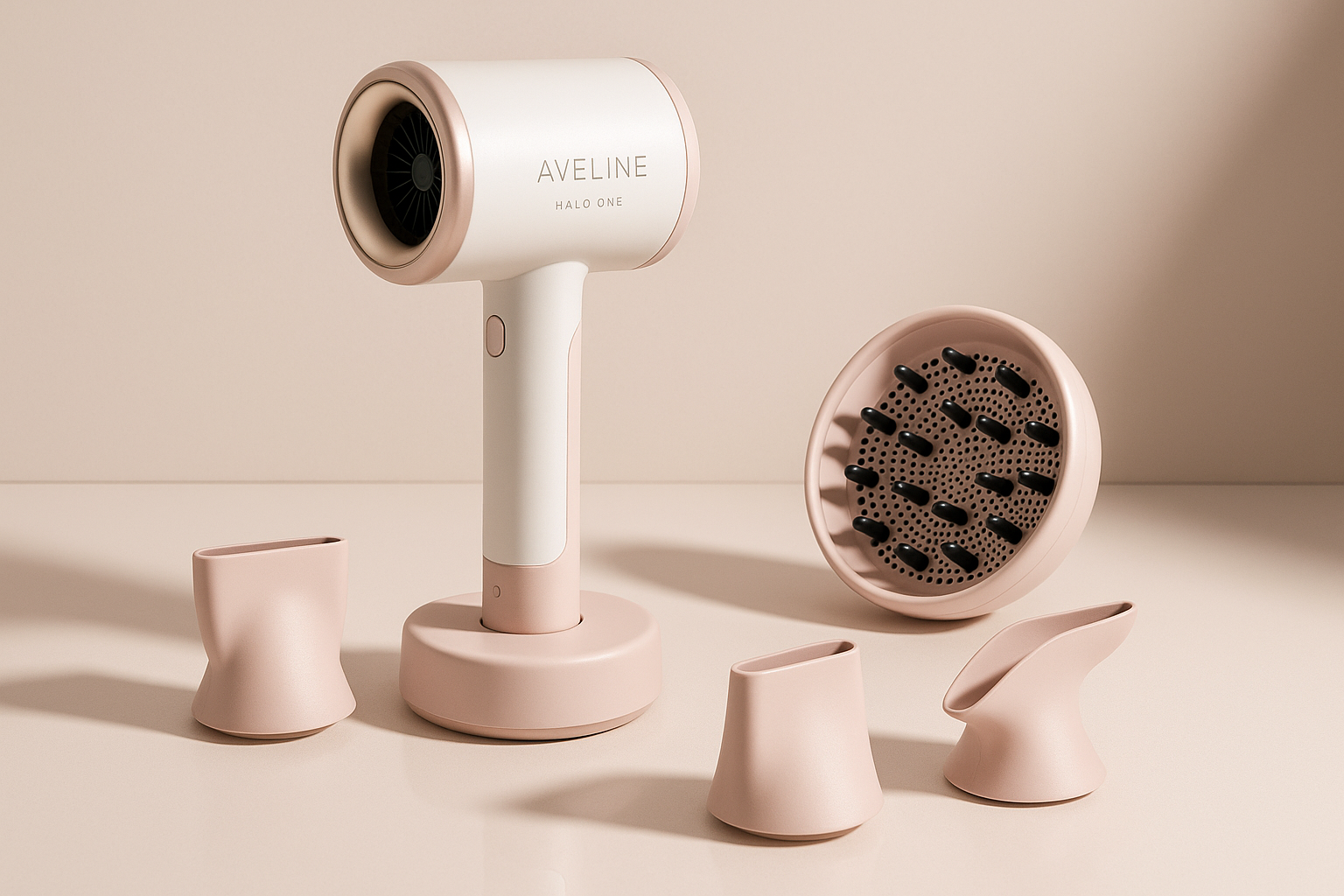 Halo One cordless dryer displayed with its charging stand and magnetic attachments in a clean blush studio setup
